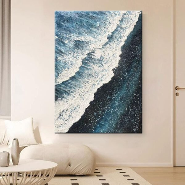 Hand-painted oil on canvas blue sea - Image 4