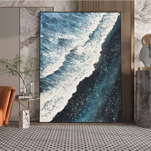 Hand-painted oil on canvas blue sea - Image 3